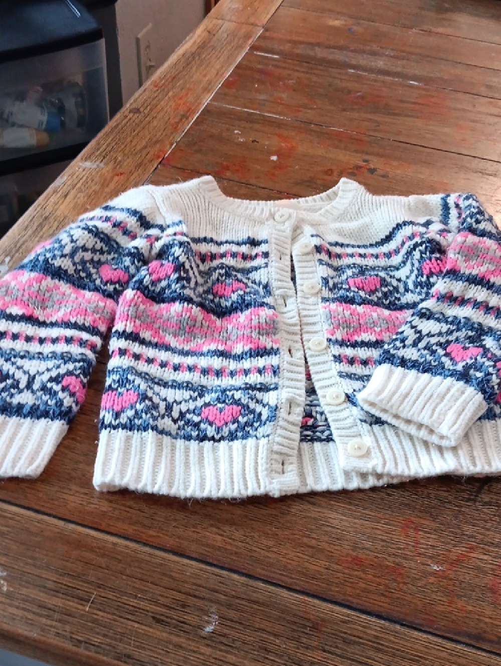 OshKosh B'gosh Cream Knit Toddler Sweater with Navy & Pink Details